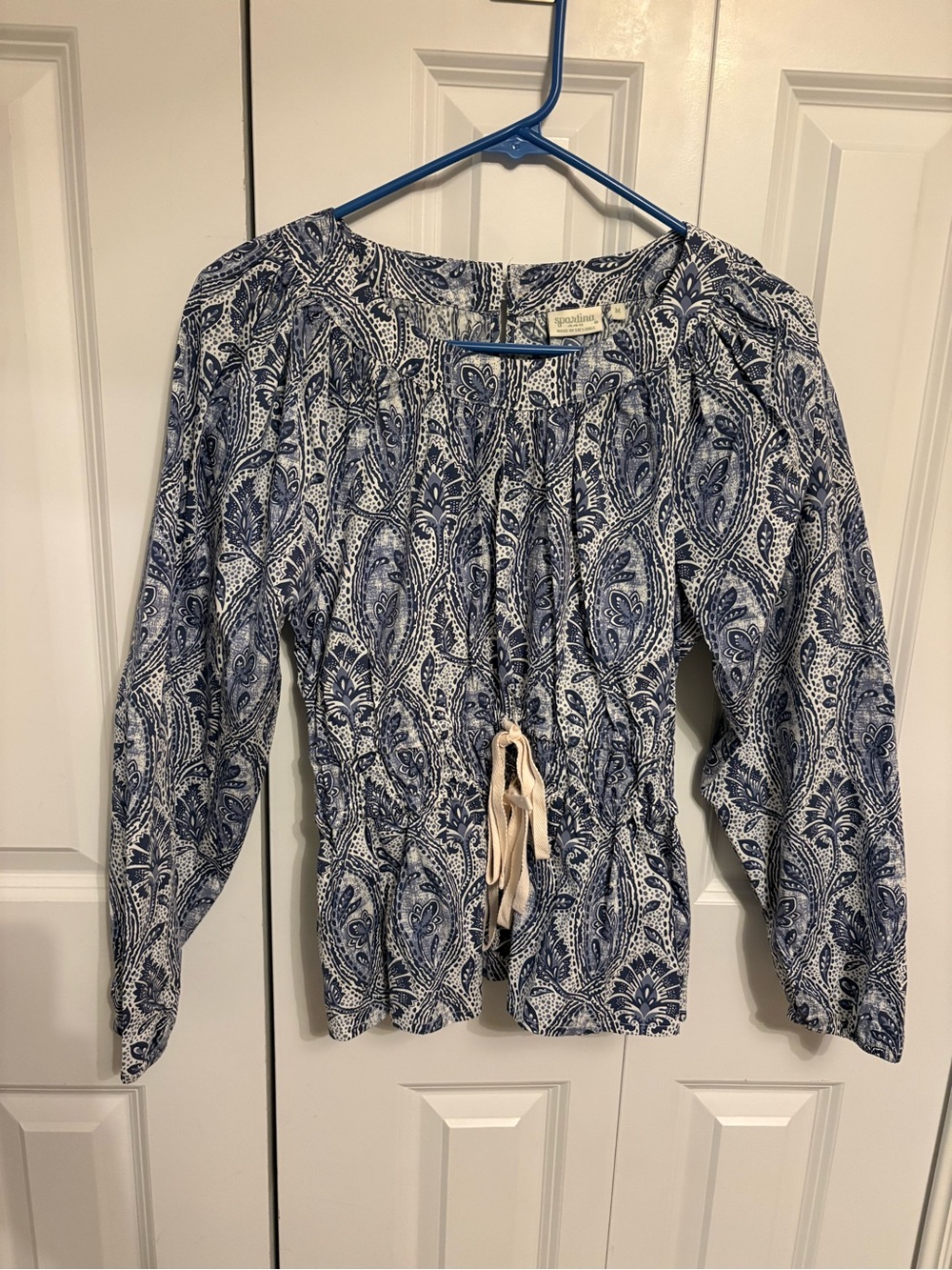 Spartina 449 Blue and Cream Paisley Tie-Front Peasant Blouse
